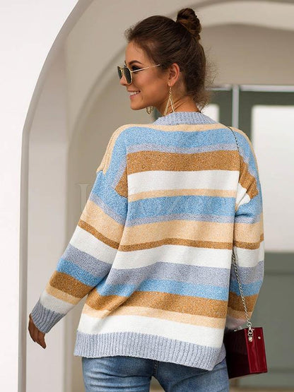 Two-tone Flocked Striped Loose Sweater