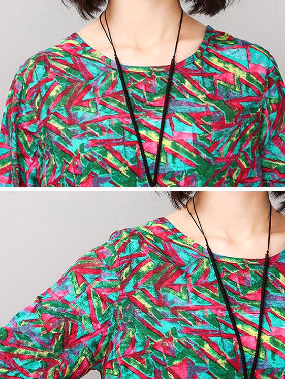 Red&Green Printed Round-neck T-shirt+Pants Suits