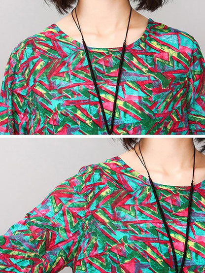 Red&Green Printed Round-neck T-shirt+Pants Suits
