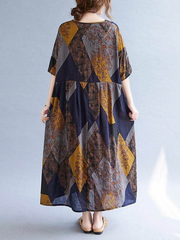 Vintage Printed V-Neck Half Sleeves Midi Dress