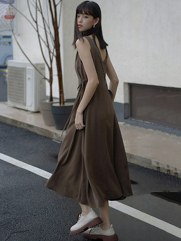 Urban Casual Brown&Black Sleeveless Midi Dress