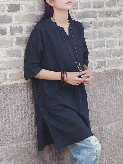 Simple Ramie Cotton V-neck Tops