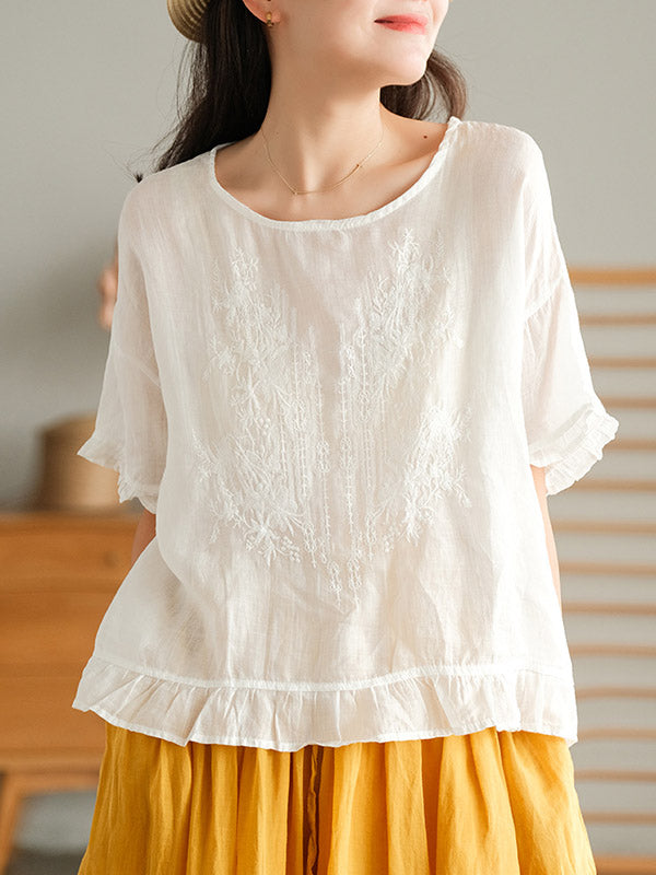 Ramie Cotton Embroidered Round-Neck T-Shirts Tops