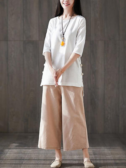Solid Short Sleeves Shirt + Straight Leg Pants