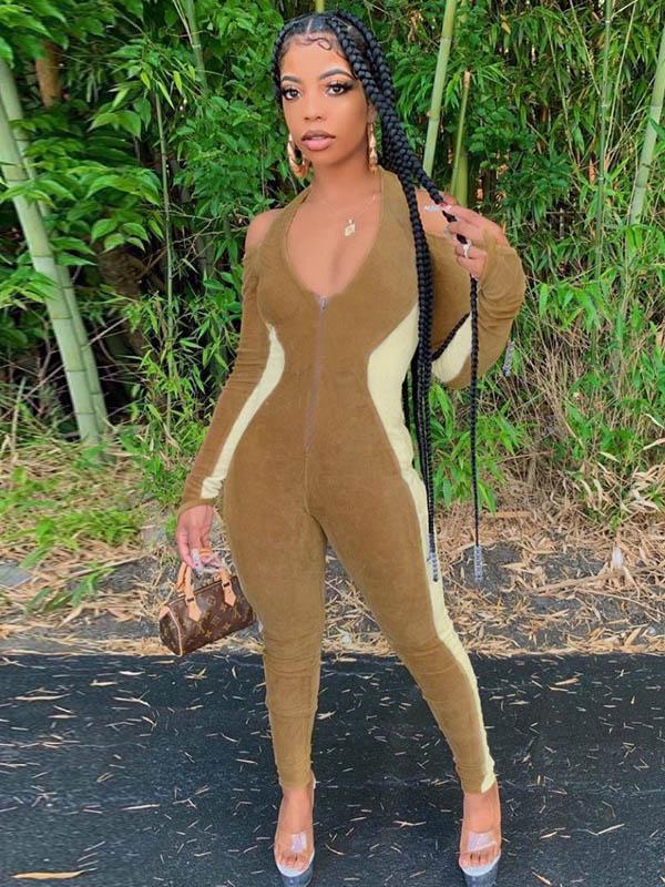 Contract Color Halter Neck Zipper Sports Jumpsuits,