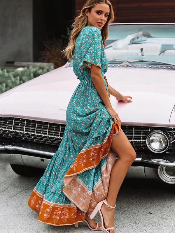 Printed V-neck Maxi Dresses