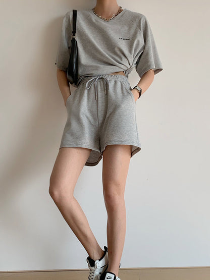 Casual Drawstring Elasticity Waist Solid Wide-Leg Shorts