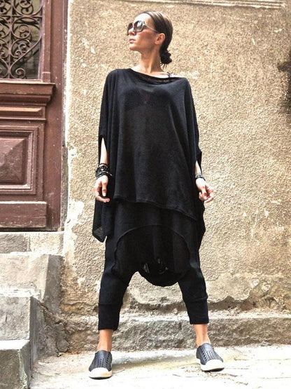 Loose Black Batwing Sleeves High-low T-shirt Tops