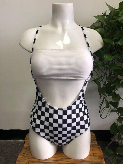 Plaid Strapless Lace-up Bikini Swimsuit