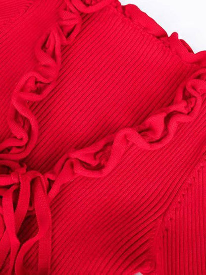 V-Neck Flared Sleeves Lotus Leaf Edge Knitting Blouse