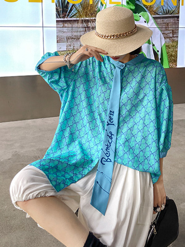 Stylish Split-Joint Printed Stand Collar Tie Short Sleeves Blouses