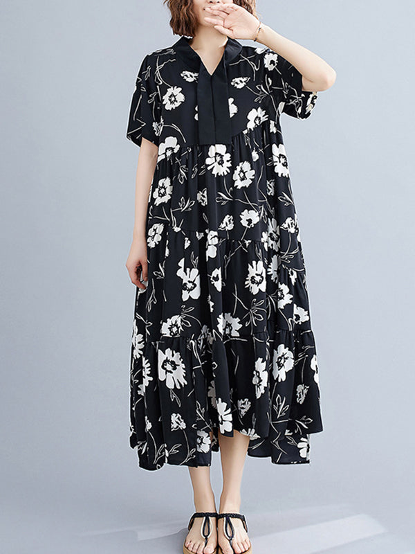 Artistic Retro Loose Floral Printed Pleated Midi Dress