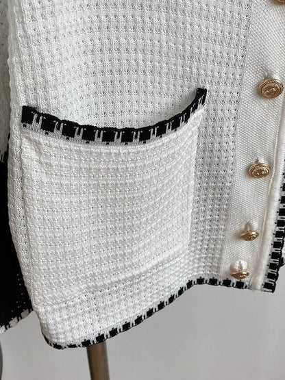 Casual Black&White V-Neck Short Sleeves Knitwear Cardigan