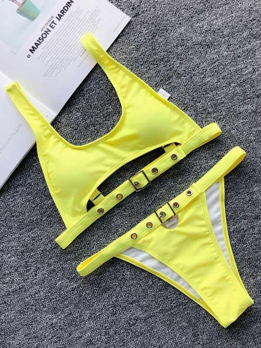 Solid Color Bandage Split Bikini Swimsuit