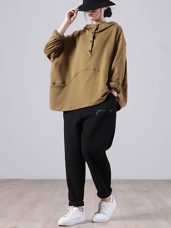 Casual Solid Color Buttoned Batwing Sleeve Hoodies