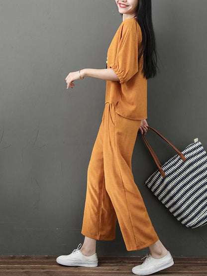 Solid  Short Sleeves Blouse + Wide Leg Pants Suit