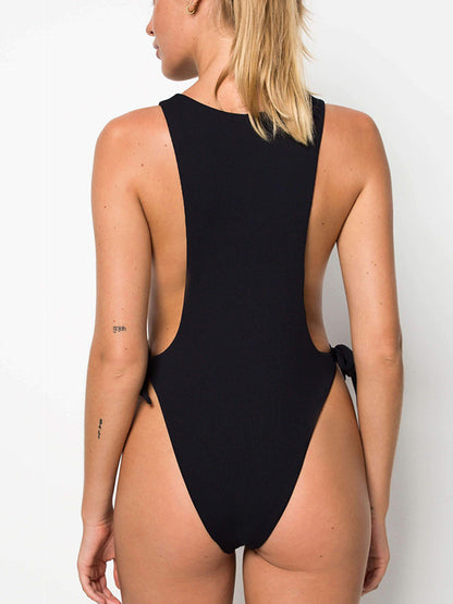 Solid Color Bandage Belly-Hollow One-Piece Swimwear