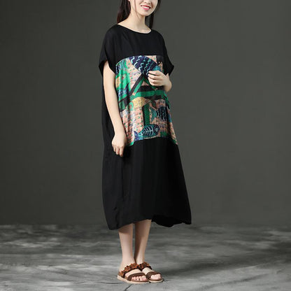 Black Printing Loose O-Neck Casual Dress