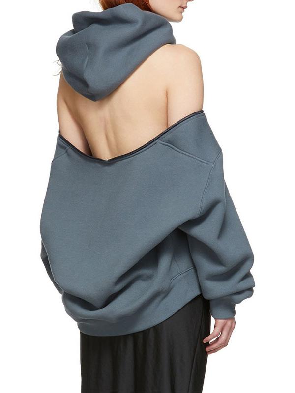 Zipper Off-The-Shoulder Two Ways To Wear Plus Velvet Hoodies&Sweatshirt