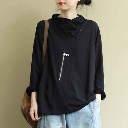 Buykud Solid Color Casual Zipper Long Sleeve Blouse