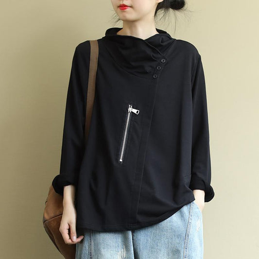 Buykud Solid Color Casual Zipper Long Sleeve Blouse