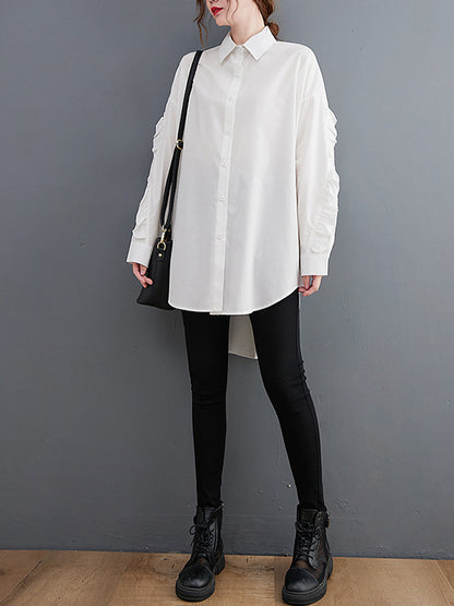 Stylish Loose Solid Color Split-Joint Falbala High-Low Lapel Collar Long Sleeves Blouse