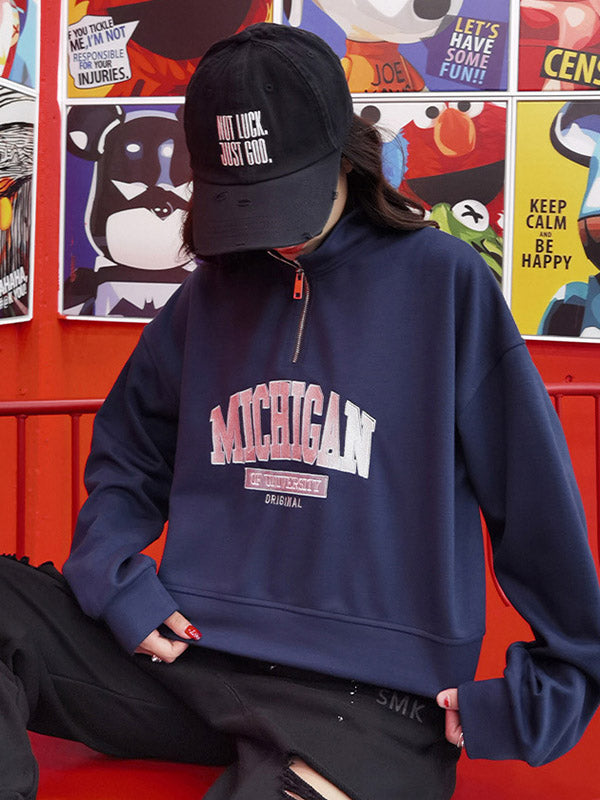 Casual Letter Printed Zipper High-Neck Long Sleeves Sweatshirts
