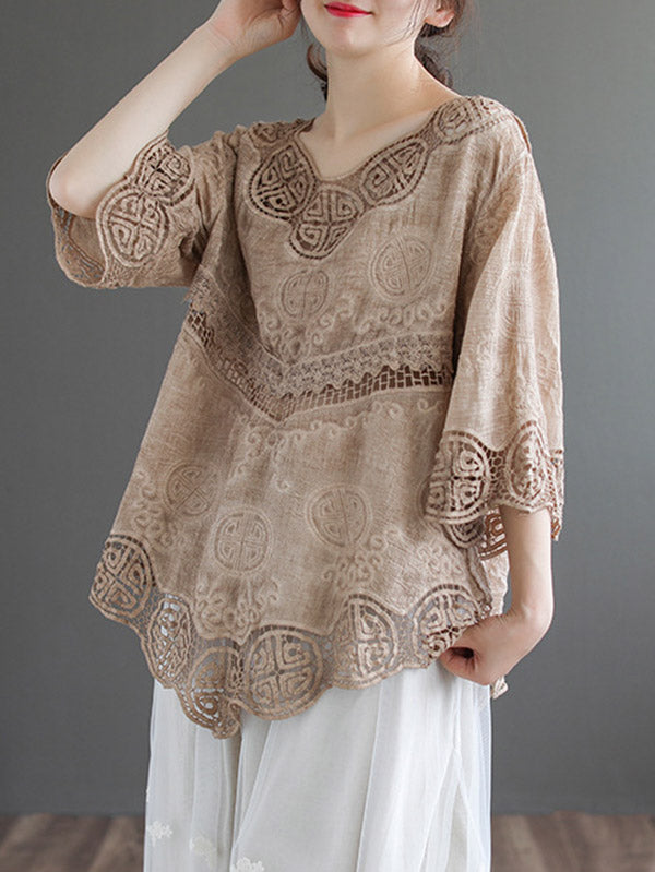 Cotton Blend Embroidered  Hollow V-Neck T-Shirts Tops