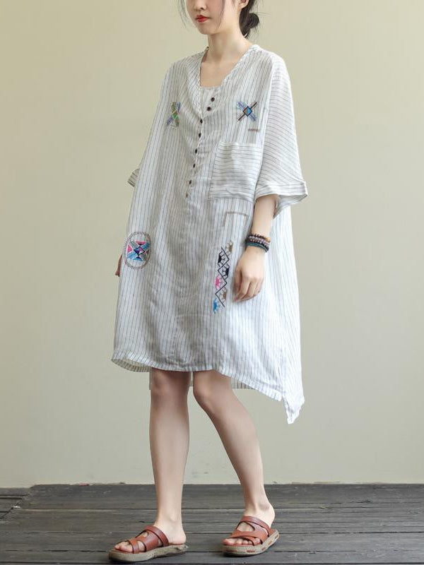 Cotton Blend Embroidered V-Neck Striped Mini Dress
