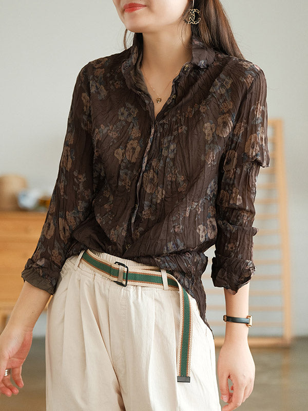 Vintage Printed Buttoned Pleated Lapel Long Sleeves Blouse Tops