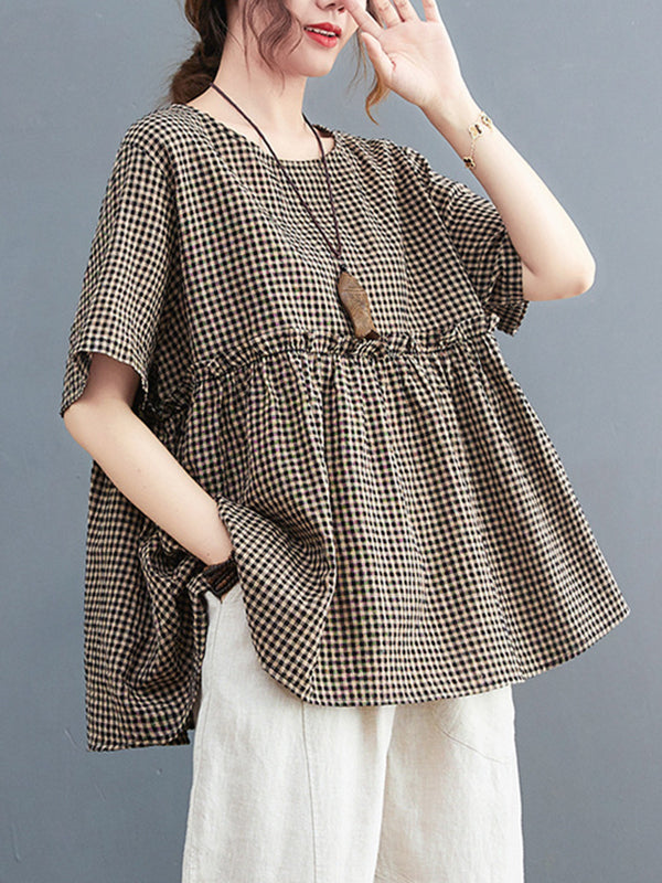 Artistic Retro Loose Plaid Ramie Cotton Falbala T-Shirt Top