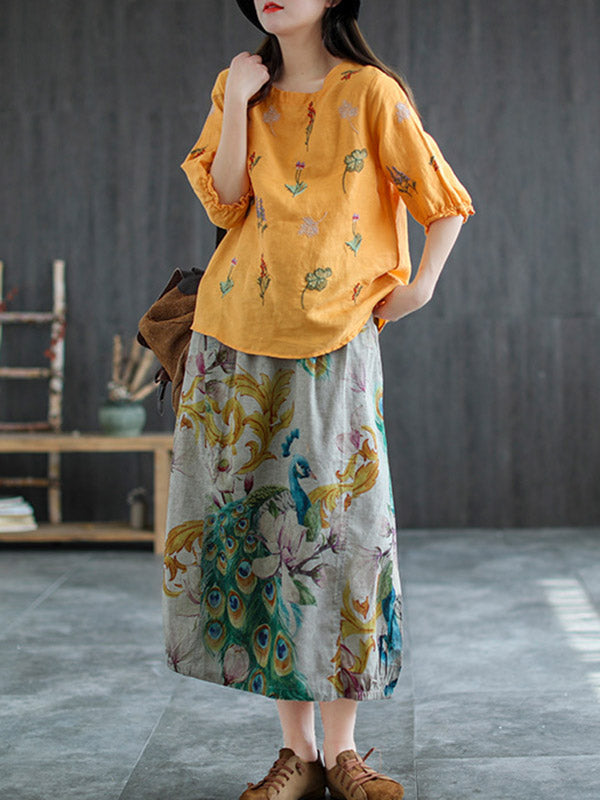 Ramie Cotton Embroidered Round-Neck Short Sleeve T-Shirts Tops