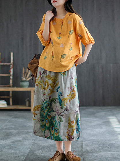 Ramie Cotton Embroidered Round-Neck Short Sleeve T-Shirts Tops