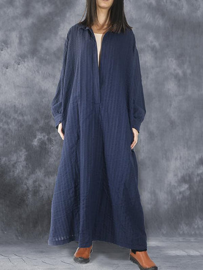 Loose Navy-blue Striped V-neck Lapel Long Dress