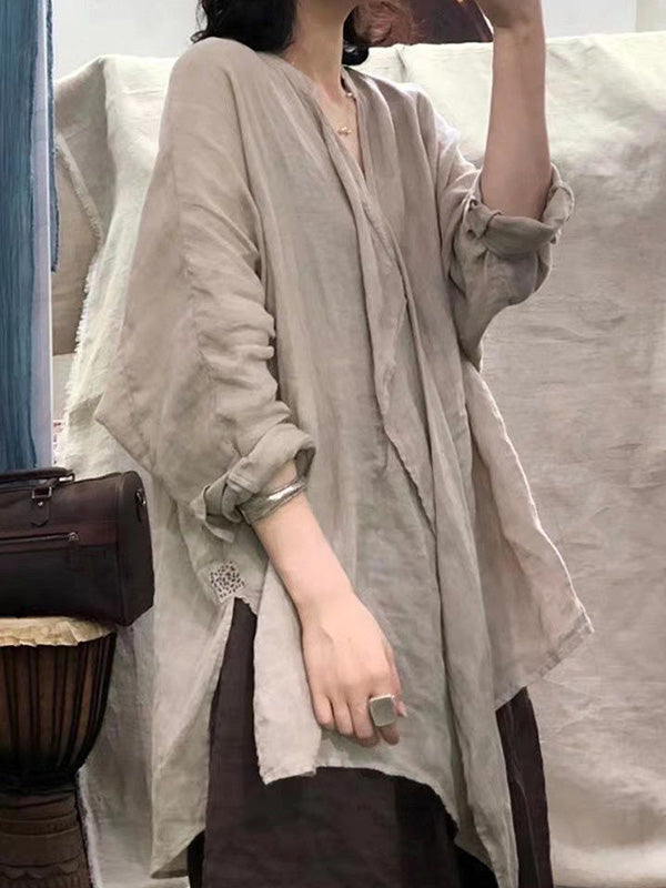 Artistic Retro Irregular Ramie Cotton Pleated V-Neck Long Sleeves T-Shirt