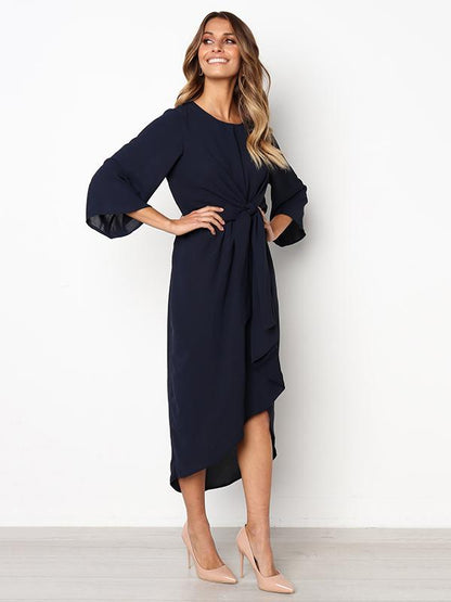 Solid Color Bandage Fabala Long Sleeves Midi Dress
