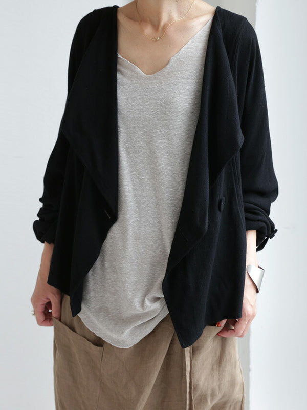 Casual Loose Solid Color Buttoned Lapel Collar Long Sleeves Outwear
