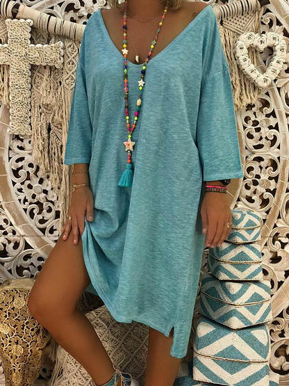 Solid V-neck Loose Midi Dress