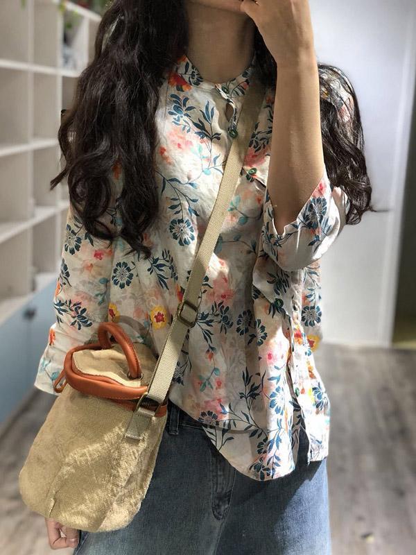 Fresh Oblique Printed Linen Blouses