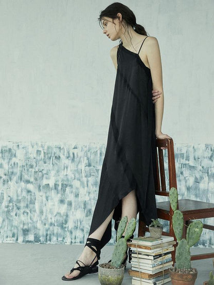 Simple Black Asymmetric Split-joint Long Dress