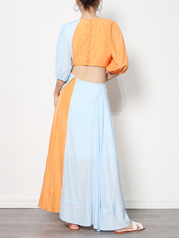 Stylish Contrast Color Split-Joint Round-Neck Raglan Sleeve Maxi Dress