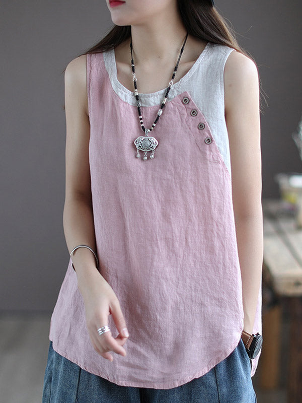 Leisure Split-Joint Linen Contrast Color Round-Neck Vest
