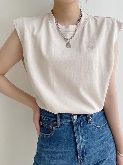 Simple Solid Color Round-Neck Cap-Sleeve Vest T-Shirt Tops