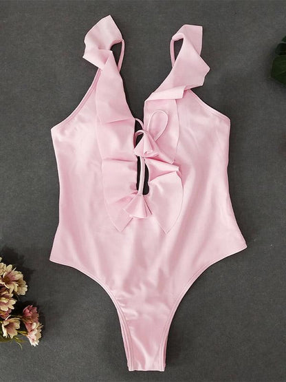 Plunge Falbala Plain One Piece Swimsuit