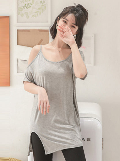 Casual Solid Color Asymmetric Cold Shoulder Spaghetti-Neck T-Shirt