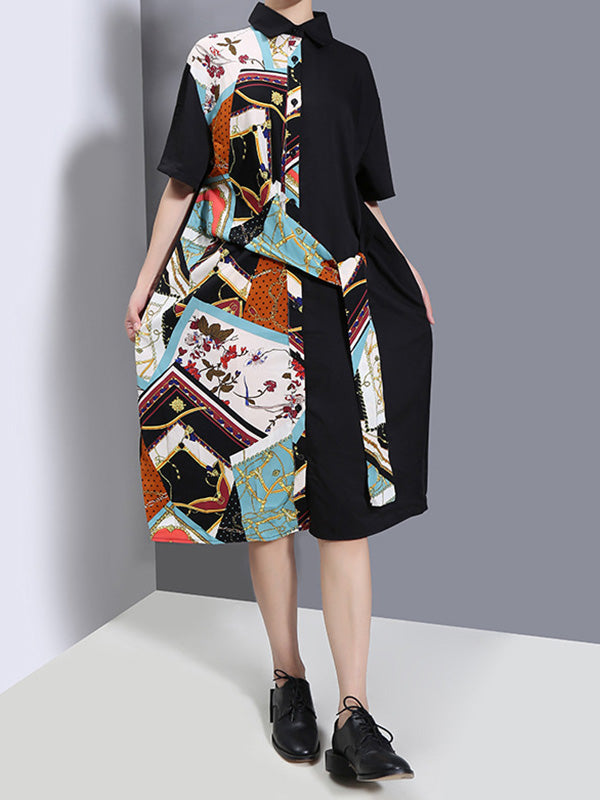 Original Printing Lapel Split-Joint Shirt Dress