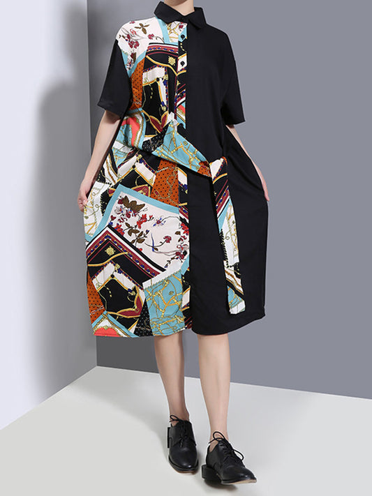 Original Printing Lapel Split-Joint Shirt Dress