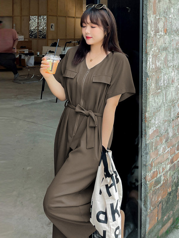 Casual Solid Color Split-Joint With Pocket Tied Zipper Short Sleeves Wide Legs Jumpsuits