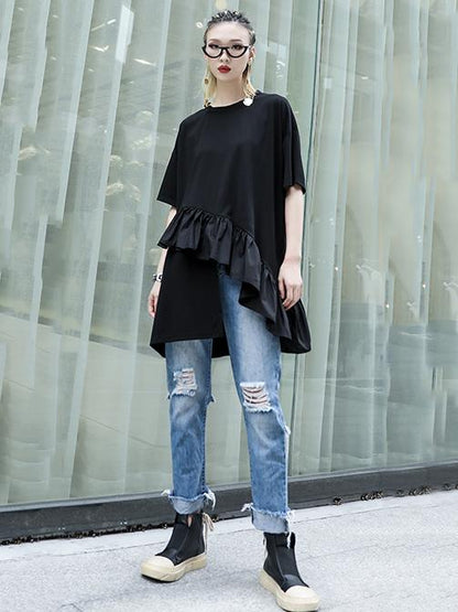 Loose Split-side Falbala T-shirt