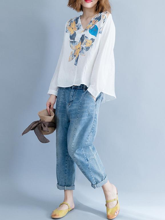 Loose Plus Size Flower Printed Blouse Tops
